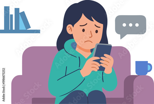 A young woman sits on a couch looking worried while holding her phone