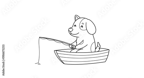 A cute cartoon dog sits in a small boat, happily fishing with a rod and line.