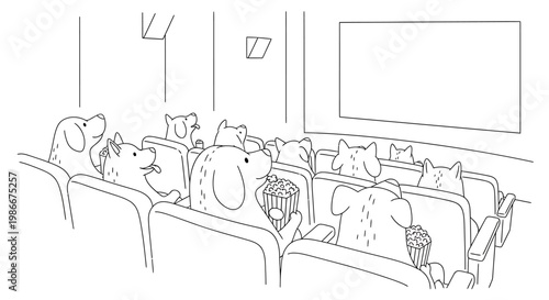 A group of dogs are sitting in a movie theater, watching a blank screen and eating popcorn.