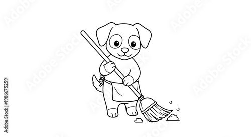 A cute cartoon puppy wearing an apron and sweeping the floor with a broom, depicted in a simple black and white line drawing.