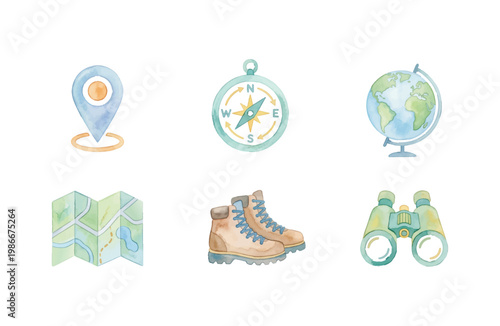 Watercolor Travel and Map Navigation Icon Set