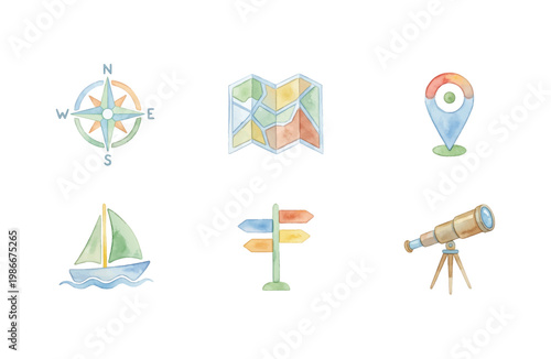 Watercolor Map and Travel Navigation Icon Set