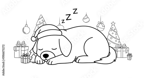 A cute, sleeping puppy wearing a Santa hat, surrounded by Christmas trees and presents, with 'Zzz' indicating sleep.