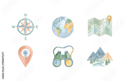 Watercolor Map and Travel Exploration Icon Set