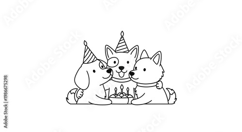 Three adorable puppies wearing party hats and gathered around a birthday cake with lit candles, celebrating a special occasion.
