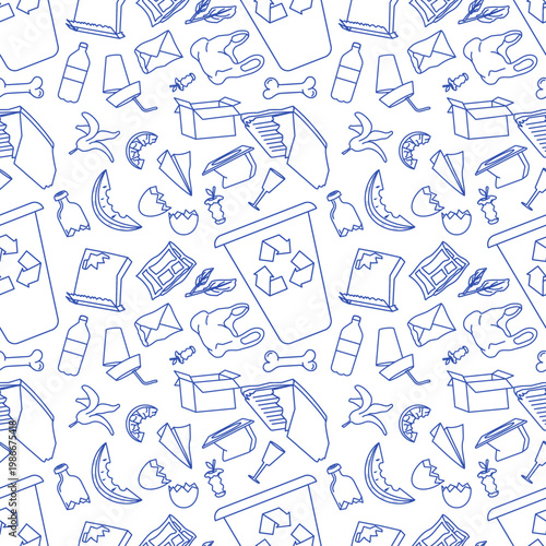 Mixed Garbage and Recycling Outline Seamless Pattern