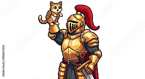 Golden Knight Holding a Small Orange Kitten.