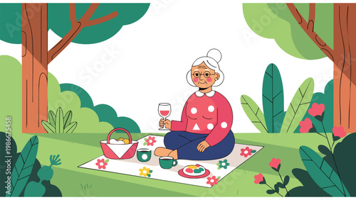 Senior Woman Enjoying Relaxing Picnic Outdoors, Peaceful Summer Leisure