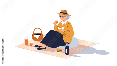 Senior woman enjoying picnic lunch outdoors, relaxed lifestyle illustration for healthcare and retirement
