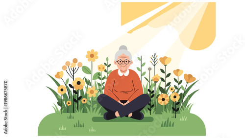 Senior Woman Yoga Meditation Peaceful Garden Outdoors Sunlight Wellness