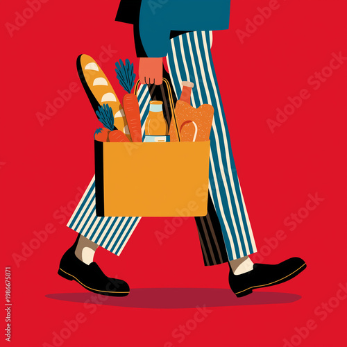 Minimal Flat Illustration of Person Carrying Grocery Bag with Fresh Food on Red Background