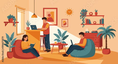 People working and relaxing in a cozy home environment.