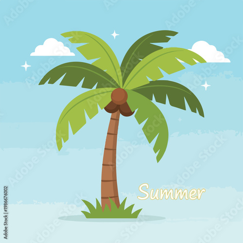 A cartoon palm tree under a blue sky with clouds