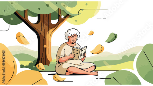 Senior Woman Reading Book Outdoors, Peaceful Retirement Lifestyle Illustration