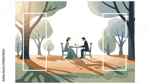 Romantic Couple Outdoor Dining, Elegant Park Rendezvous, Anniversary Celebration Scene