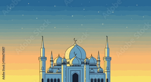 Beautiful architectural structure of a grand mosque with intricate domes and spires silhouetted against a gradient sky at dawn or dusk with scattered stars visible creating a serene and