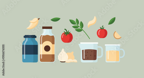 This flat vector illustration features various kitchen ingredients including tomatoes, garlic, herbs, and sauces on a light green background.