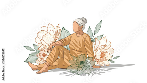 Senior Woman Serene Portrait, Floral Background, Lifestyle Concept for Wellness Brands