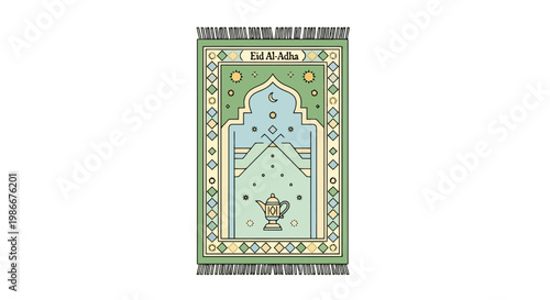 Sacred prayer mat featuring intricate green geometric patterns and a stylized desert landscape with mountains and celestial elements perfect for religious celebrations and devotional practices