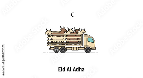 Transportation of Livestock Animals in a Truck for Agricultural Purposes During a Festive Holiday Celebration Showcasing a Crescent Moon in the Evening Sky Symbolizing a Religious Observance