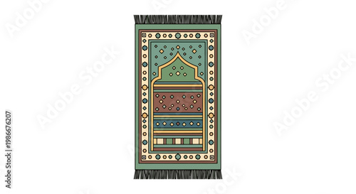 Discover the artistry of a prayer mat featuring intricate geometric patterns and a traditional mihrab arch design enhanced with fringed edges and decorative borders perfect for spiritual