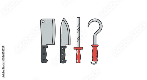 Collection of Essential Culinary Tools for Professionally Preparing Meats and Foods Featuring Butcher Knife Cleaver Sharpener and Hook for Kitchen and Restaurant Use