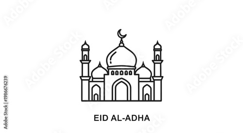 Celebrate Islamic faith traditions with a stylized line art depiction of a mosque building featuring a dome and minarets representing spiritual gatherings and cultural heritage during religious
