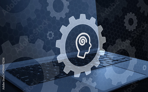 3D illustration of a gear icon with a human head silhouette featuring a spiral brain pattern floating over a laptop keyboard, representing AI, cognitive computing, settings, and