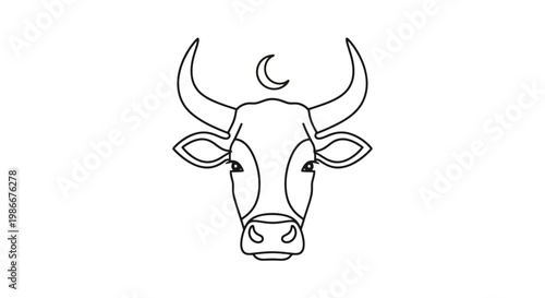 Stylized horned bovine head artwork featuring lunar crescent symbol above forehead creating a unique emblem for agricultural or cultural themes conceptualizing spirit and strength with clean
