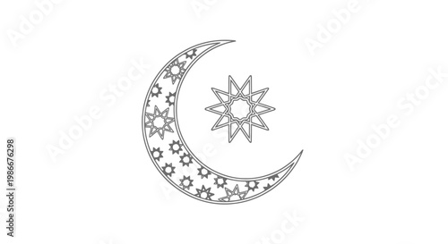 Celestial crescent adorns a starburst pattern representing a mystical night sky with intricate celestial bodies and cosmic symbolism for spiritual or astronomical themes abstract representation