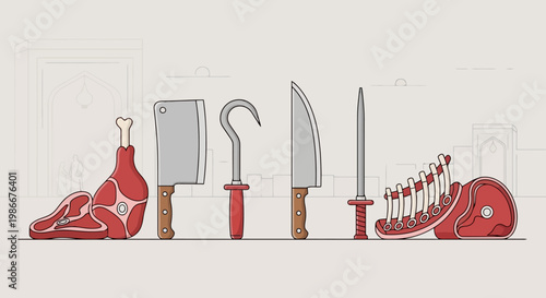 Collection of Butcher Tools and Meat Products Presented Artistically on a Neutral Surface Showing Culinary Preparation Essentials for Food Service Industries and Culinary Arts Education Programs