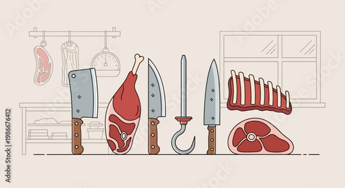 Fresh Raw Meat Cuts and Butcher Tools Displayed in a Kitchen Setting with Hanging Meats and a Window View Showing Culinary Supplies and Food Preparation Equipment for Gastronomy and Barbecue