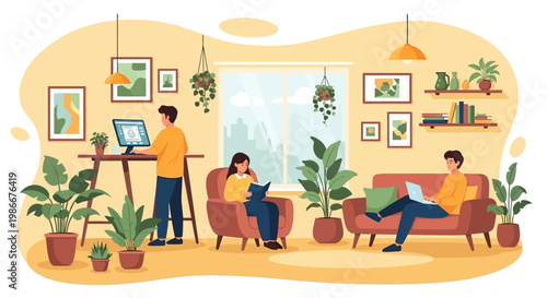 People working and relaxing in a cozy home office environment.