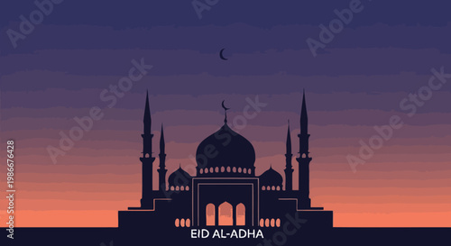 Religious Islamic Landmark Architecture Silhouette Against Dramatic Sunset Sky With Crescent Moon And Festive Greeting Text Spreading Peace And Harmony Across Communities During Celebratory