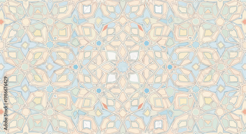 Intricate geometric symmetrical pattern featuring soft pastel colors and floral motifs creating a tranquil and decorative visual perfect for textile design and digital art applications