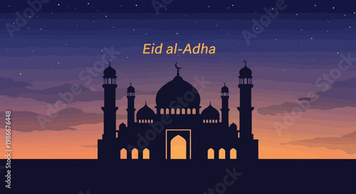 Beautiful silhouette of a grand mosque under a twilight sky filled with stars and faint clouds evoking a sense of spiritual celebration during the Islamic holiday of Eid al Adha perfect for