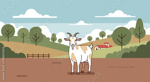 A charming farm animal stands proudly on fertile land with rolling green hills dotted with trees and a rustic red barn nestled in the distance under a bright cloudy sky representing rural life