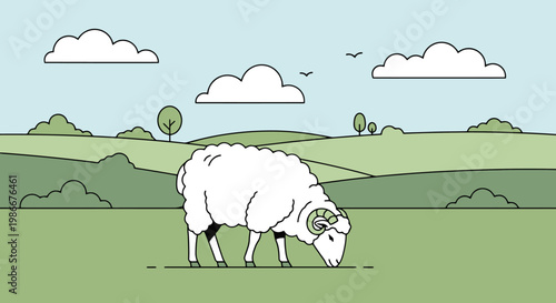 A solitary animal grazes peacefully in a lush green countryside landscape under a clear sky with fluffy clouds and distant trees depicting a serene rural ecosystem and pastoral life