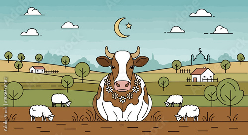 Festive cow wearing decorative garland sits peacefully in a lush green countryside landscape with grazing sheep and distant village scenery under a cloudy sky with crescent moon and star symbol