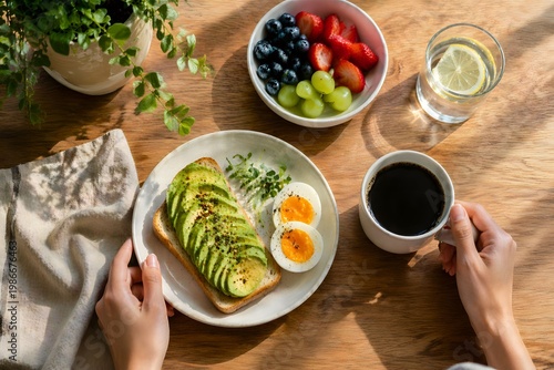 Healthy Avocado Toast Breakfast with Eggs Fresh Fruits and Coffee in Bright Natural Morning Light Top View