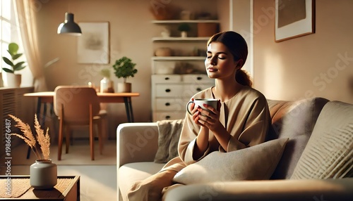 Young Woman Relaxing with Warm Drink in Cozy Living Room Soft Natural Light Calm Lifestyle Concept