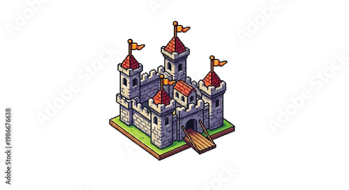 Isometric Pixel Art Castle Fortress With Flags.