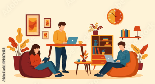 People working and relaxing in a cozy home office environment.