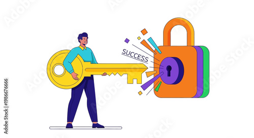 Man Holding Giant Key Unlocking Success Symbol.