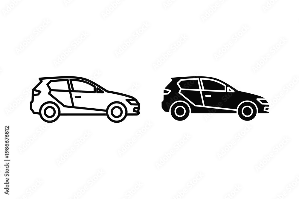 Fototapeta premium Outline and Solid Silhouette of a Compact Hatchback Car Side View Vector Illustration