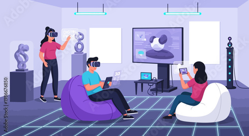 People Experiencing Virtual Reality Technology in a Modern Room.