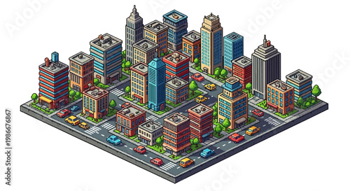 Isometric Pixel Art Cityscape with Skyscrapers and Streets.