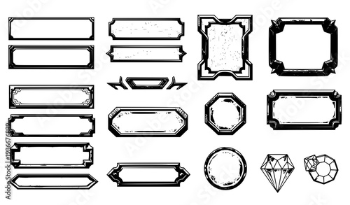 A collection of vintage label and badge vector graphics in black and white