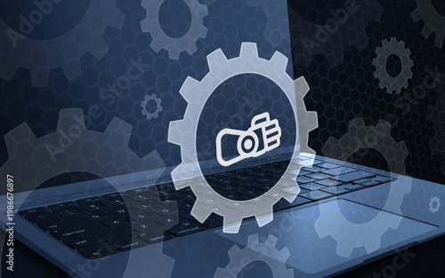 3D render of a futuristic robot arm icon inside a gear on a laptop keyboard representing advanced technology, digital settings, automated processes, and modern computing concepts.