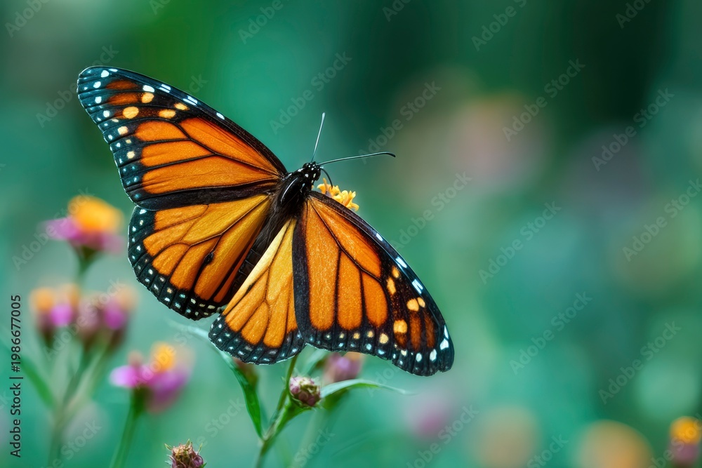 Fototapeta premium Vibrant orange and black monarch butterfly resting on a small yellow flower, close-up shot of a beautiful insect in a green garden setting.